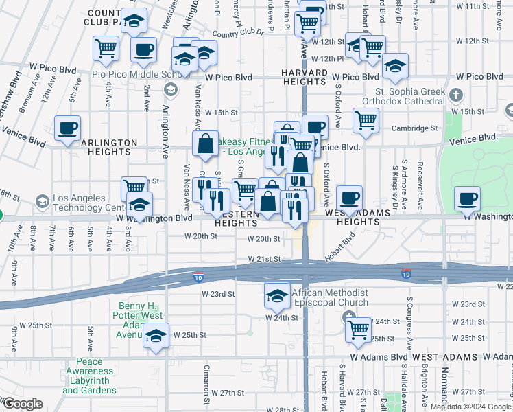 map of restaurants, bars, coffee shops, grocery stores, and more near 1845 South Saint Andrews Place in Los Angeles