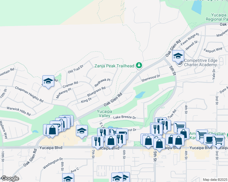 map of restaurants, bars, coffee shops, grocery stores, and more near 11768 Silverhawk Drive in Yucaipa