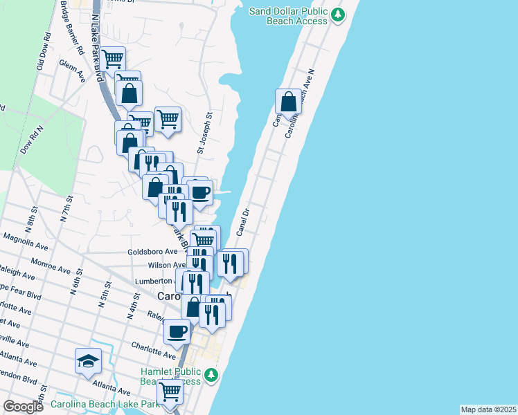 map of restaurants, bars, coffee shops, grocery stores, and more near 3 Sea Gull Lane in Carolina Beach