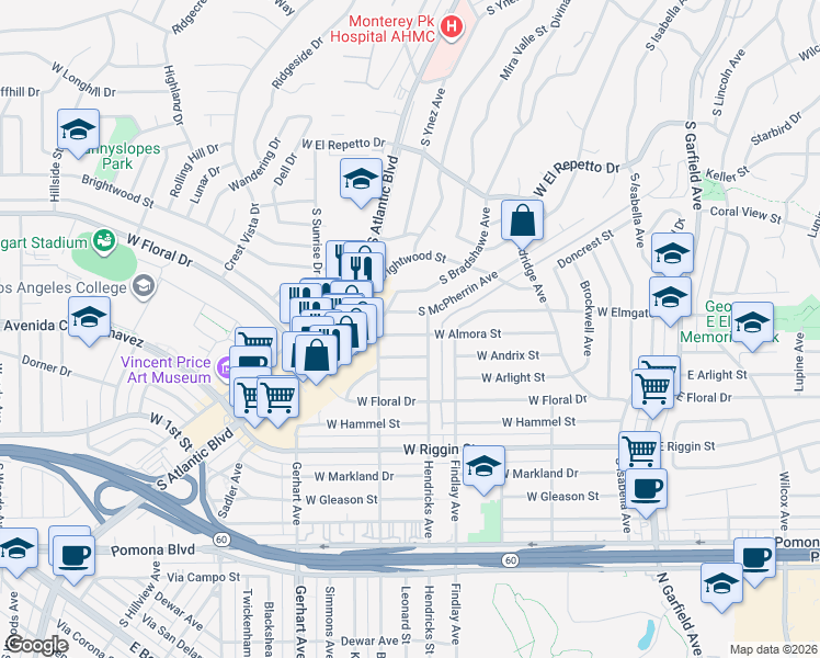 map of restaurants, bars, coffee shops, grocery stores, and more near 1938 South McPherrin Avenue in Monterey Park