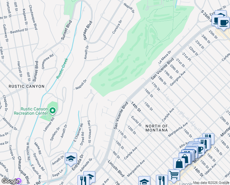 map of restaurants, bars, coffee shops, grocery stores, and more near 859 Woodacres Road in Santa Monica