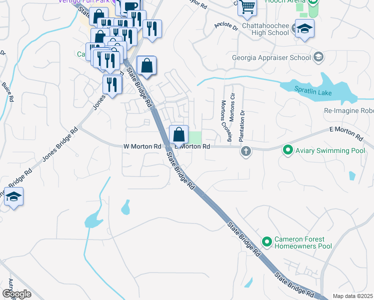 map of restaurants, bars, coffee shops, grocery stores, and more near 4858 Stratford Lane in Johns Creek