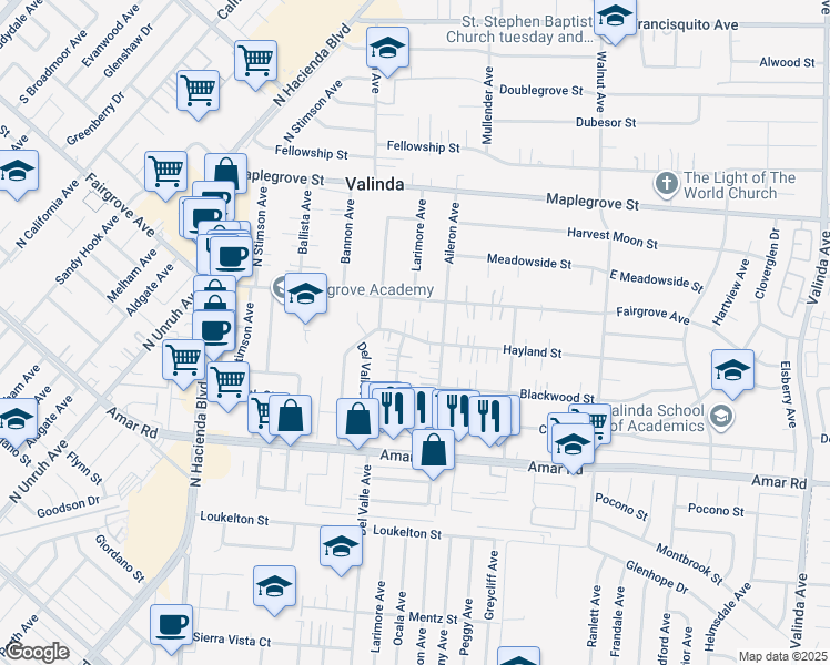 map of restaurants, bars, coffee shops, grocery stores, and more near 15745 Hayland Street in La Puente
