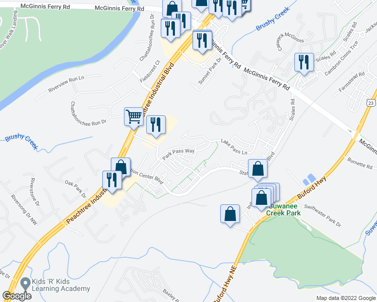map of restaurants, bars, coffee shops, grocery stores, and more near 1230 Park Pass Way in Suwanee