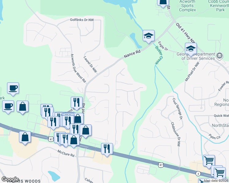 map of restaurants, bars, coffee shops, grocery stores, and more near 424 Darter Drive Northwest in Kennesaw
