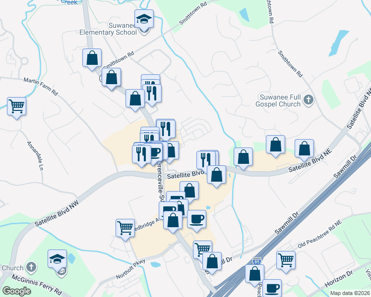map of restaurants, bars, coffee shops, grocery stores, and more near 336 Gilliflower Park in Suwanee
