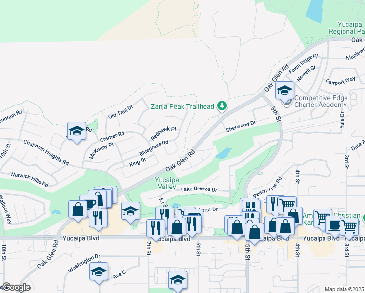 map of restaurants, bars, coffee shops, grocery stores, and more near 11768 Silverhawk Drive in Yucaipa