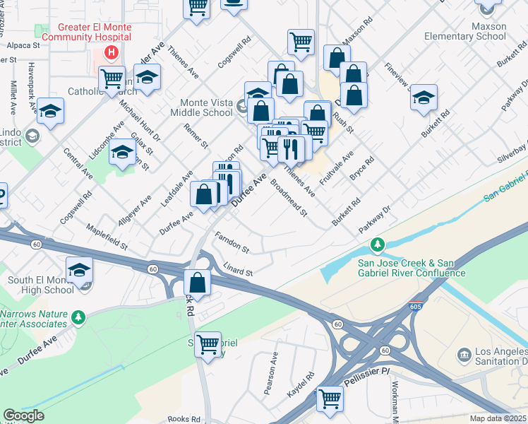 map of restaurants, bars, coffee shops, grocery stores, and more near 1642 Bunker Avenue in South El Monte