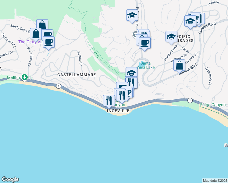 map of restaurants, bars, coffee shops, grocery stores, and more near 17440 Revello Drive in Los Angeles