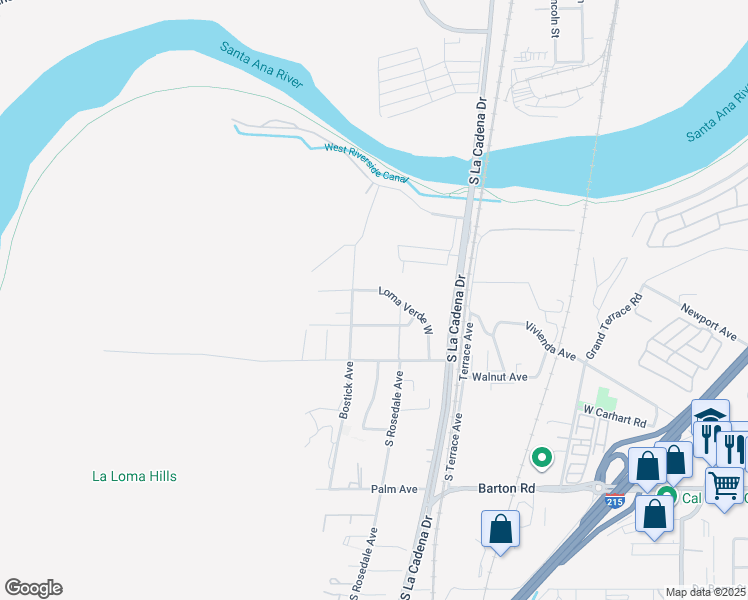map of restaurants, bars, coffee shops, grocery stores, and more near 264 Loma Verde West in Colton