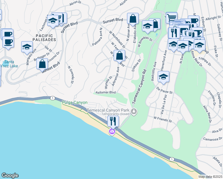 map of restaurants, bars, coffee shops, grocery stores, and more near 15921 Asilomar Boulevard in Los Angeles