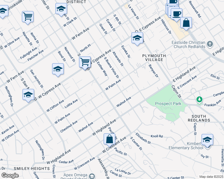 map of restaurants, bars, coffee shops, grocery stores, and more near 527 West Palm Avenue in Redlands