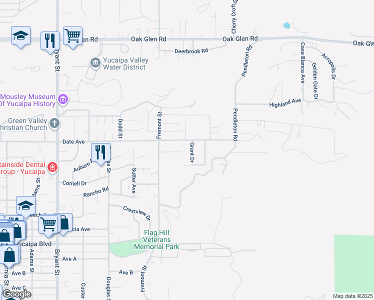 map of restaurants, bars, coffee shops, grocery stores, and more near 11740 Grant Drive in Yucaipa