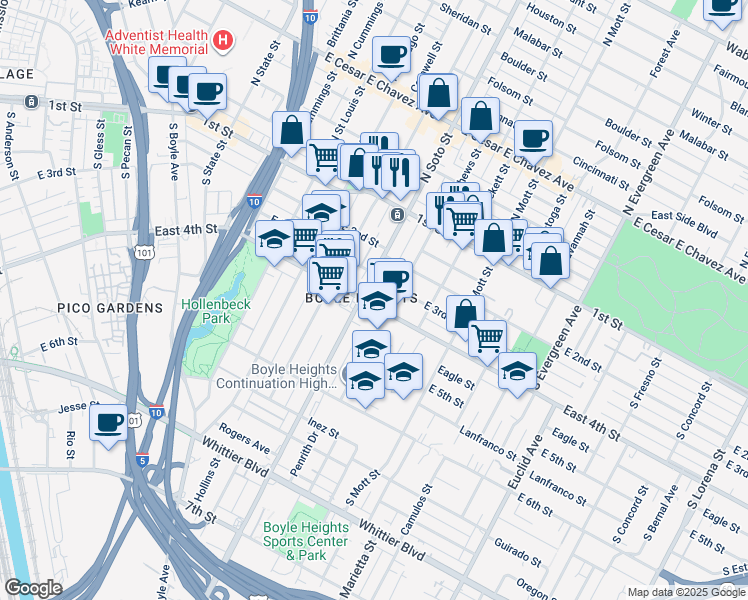 map of restaurants, bars, coffee shops, grocery stores, and more near 2422 East 3rd Street in Los Angeles