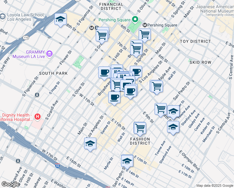 map of restaurants, bars, coffee shops, grocery stores, and more near 110 East 9th Street in Los Angeles