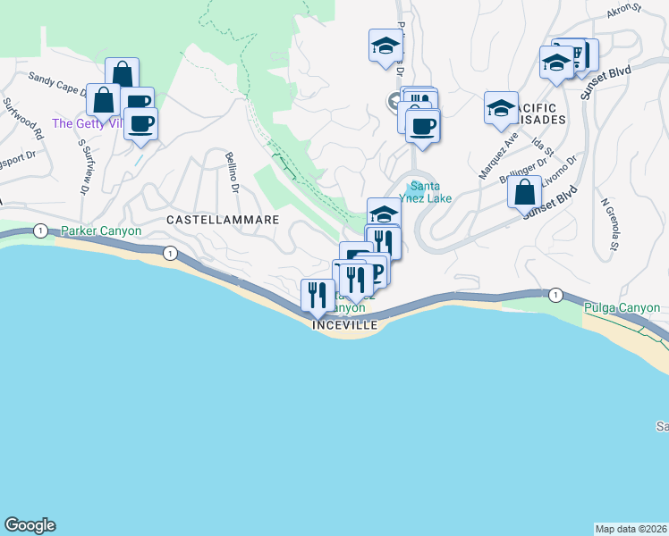 map of restaurants, bars, coffee shops, grocery stores, and more near 17337 Tramonto Drive in Los Angeles