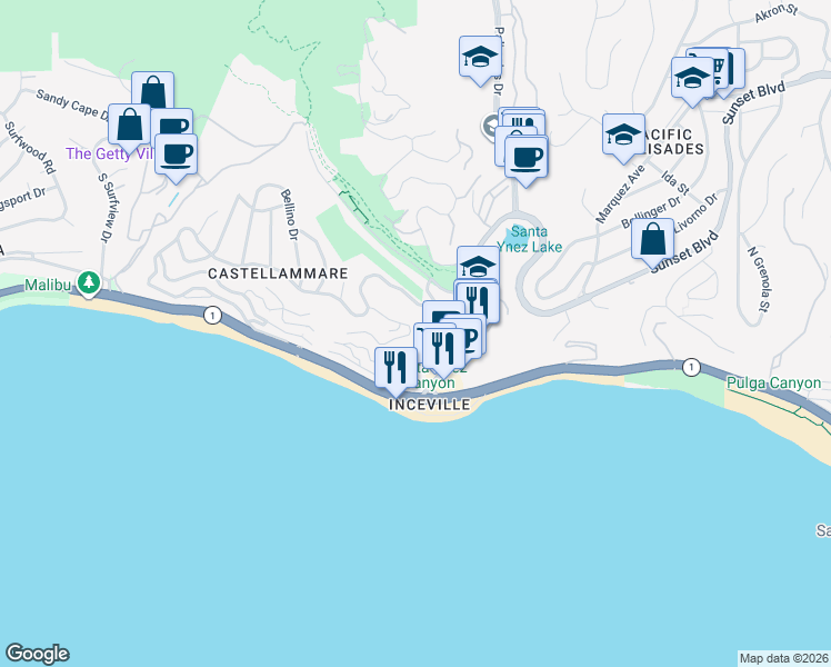map of restaurants, bars, coffee shops, grocery stores, and more near 17440 Revello Drive in Los Angeles