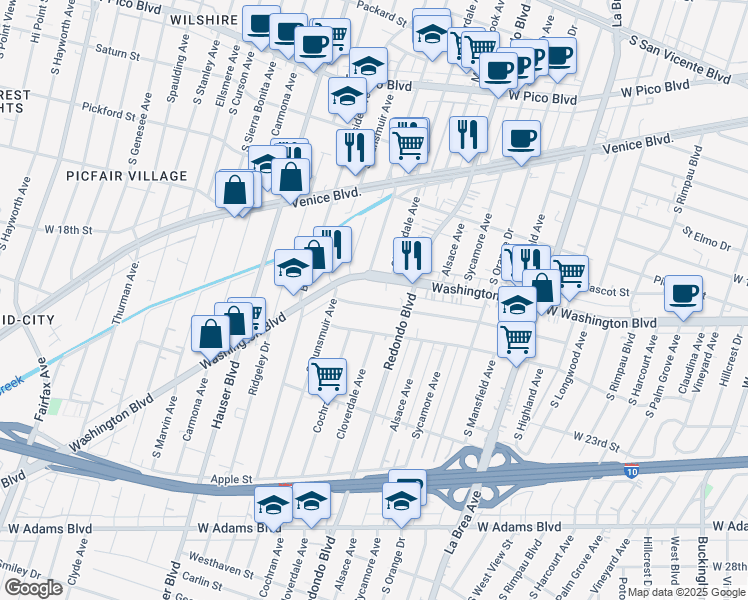 map of restaurants, bars, coffee shops, grocery stores, and more near 5200 Washington Boulevard in Los Angeles