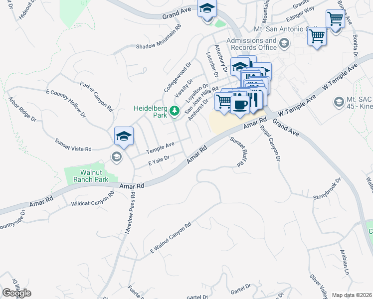 map of restaurants, bars, coffee shops, grocery stores, and more near 1234 Heidelberg Avenue in Walnut