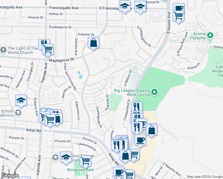 map of restaurants, bars, coffee shops, grocery stores, and more near 1405 Kauai Street in West Covina