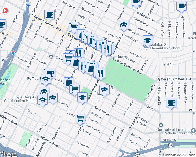map of restaurants, bars, coffee shops, grocery stores, and more near 2909 East 1st Street in Los Angeles