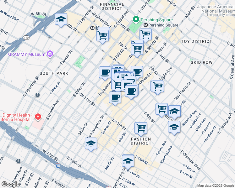 map of restaurants, bars, coffee shops, grocery stores, and more near 112 West 9th Street in Los Angeles