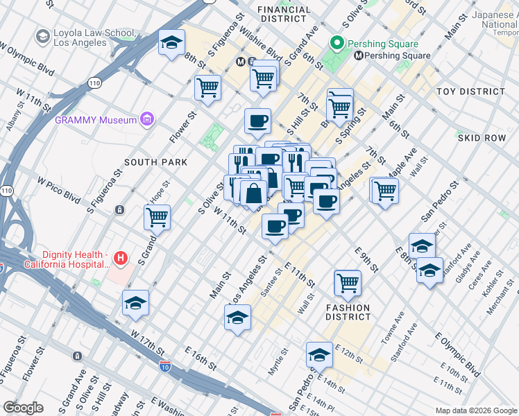 map of restaurants, bars, coffee shops, grocery stores, and more near 952 South Broadway in Los Angeles