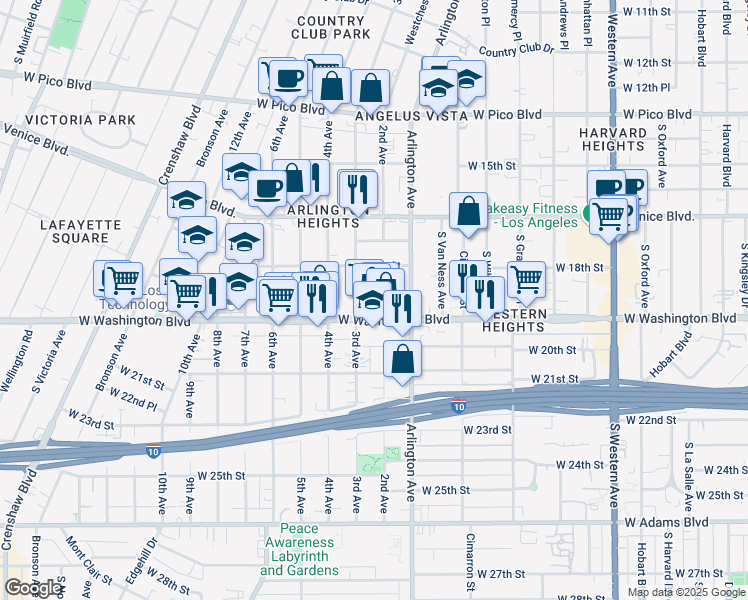 map of restaurants, bars, coffee shops, grocery stores, and more near 3223 West 18th Street in Los Angeles