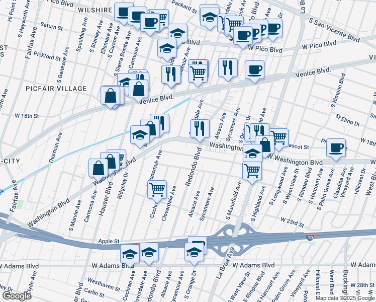 map of restaurants, bars, coffee shops, grocery stores, and more near 5200 Washington Boulevard in Los Angeles