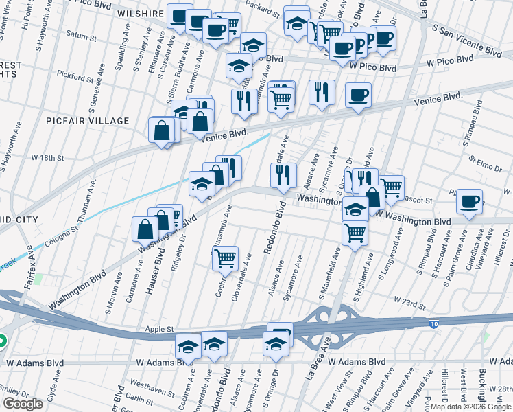 map of restaurants, bars, coffee shops, grocery stores, and more near 5200 Washington Boulevard in Los Angeles