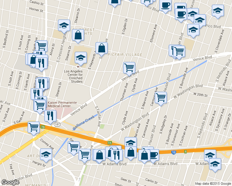 map of restaurants, bars, coffee shops, grocery stores, and more near 1933 South Spaulding Avenue in Los Angeles