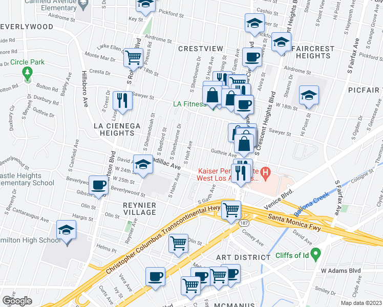 map of restaurants, bars, coffee shops, grocery stores, and more near 2001 South Holt Avenue in Los Angeles