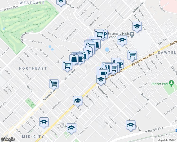 map of restaurants, bars, coffee shops, grocery stores, and more near 12323 Texas Avenue in Los Angeles