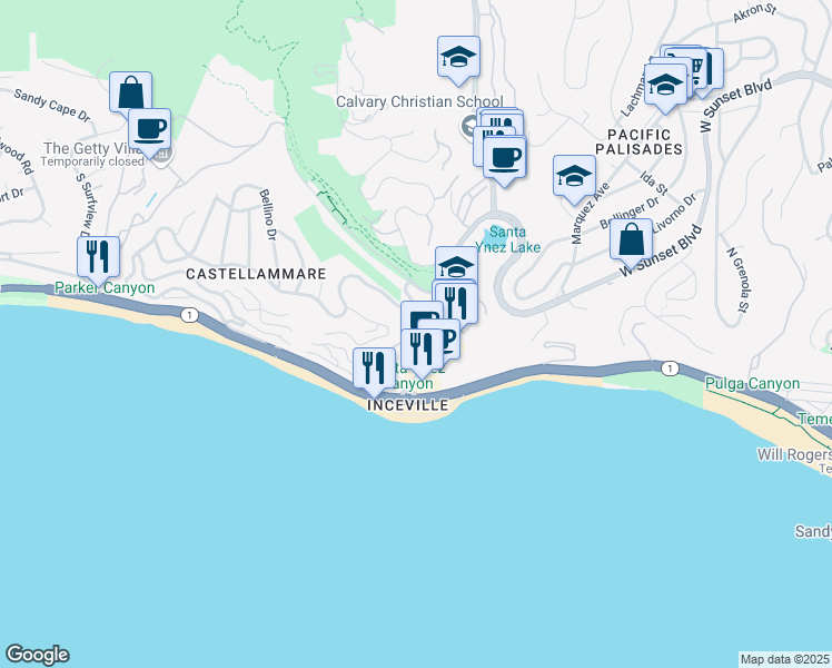 map of restaurants, bars, coffee shops, grocery stores, and more near 17322 Tramonto Drive in Los Angeles
