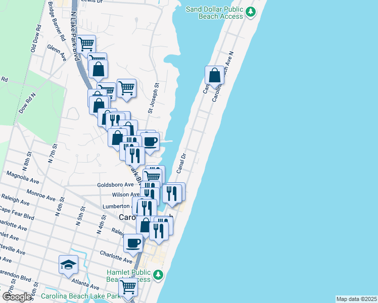 map of restaurants, bars, coffee shops, grocery stores, and more near 601 Canal Drive in Carolina Beach
