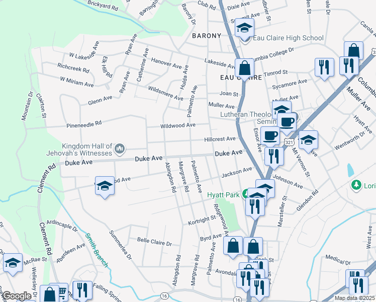 map of restaurants, bars, coffee shops, grocery stores, and more near 516 Hillcrest Avenue in Columbia