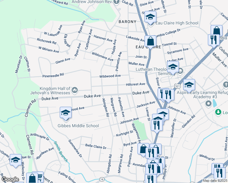 map of restaurants, bars, coffee shops, grocery stores, and more near 516 Hillcrest Avenue in Columbia