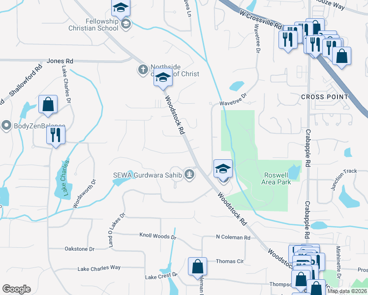 map of restaurants, bars, coffee shops, grocery stores, and more near 105 Elizabeth Cove in Roswell