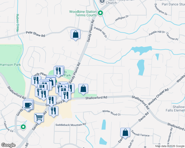 map of restaurants, bars, coffee shops, grocery stores, and more near 3230 Winterberry Circle in Marietta