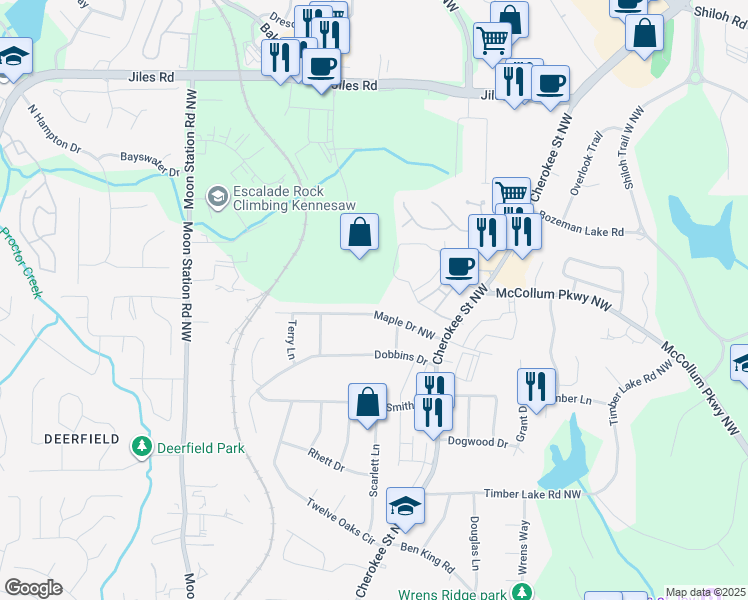 map of restaurants, bars, coffee shops, grocery stores, and more near 9 Fraternity Drive Northwest in Kennesaw