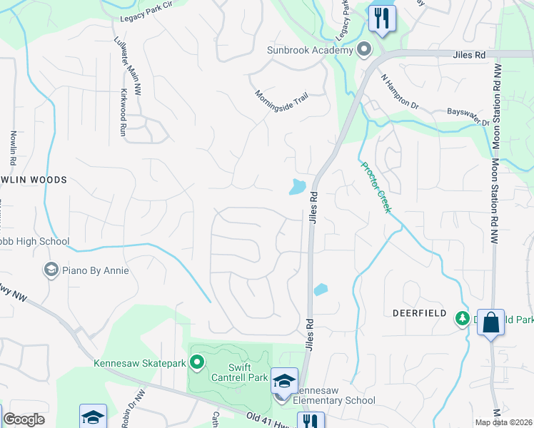 map of restaurants, bars, coffee shops, grocery stores, and more near 3347 English Oaks Drive Northwest in Kennesaw