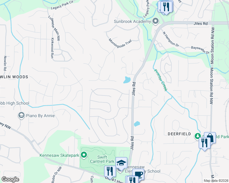 map of restaurants, bars, coffee shops, grocery stores, and more near 3347 English Oaks Drive Northwest in Kennesaw