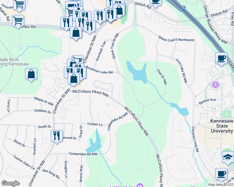 map of restaurants, bars, coffee shops, grocery stores, and more near 2170 Fairways Court in Kennesaw