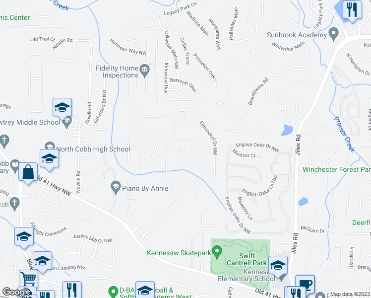 map of restaurants, bars, coffee shops, grocery stores, and more near 3618 Myrtlewood Court Northwest in Kennesaw