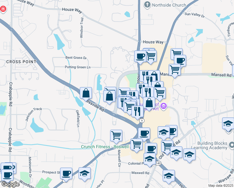 map of restaurants, bars, coffee shops, grocery stores, and more near 628 Mansell Road in Roswell