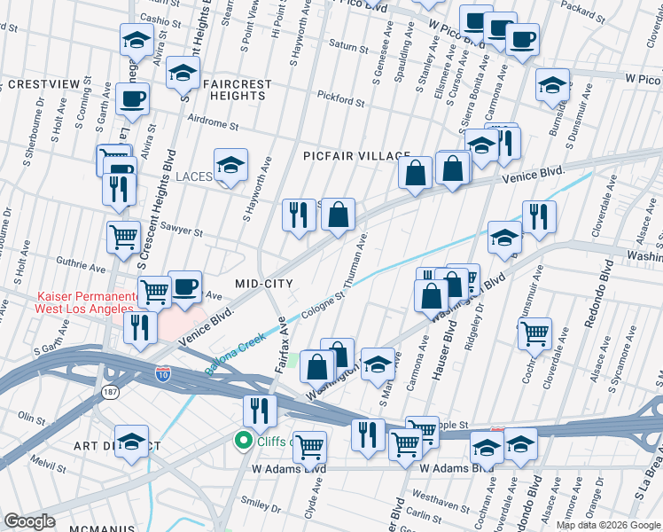 map of restaurants, bars, coffee shops, grocery stores, and more near 1933 South Spaulding Avenue in Los Angeles