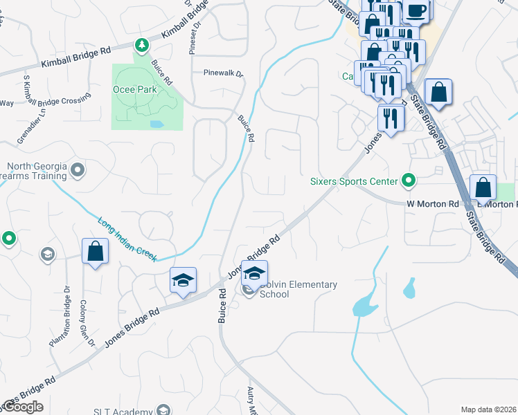 map of restaurants, bars, coffee shops, grocery stores, and more near 4375 Pinehollow Court in Alpharetta