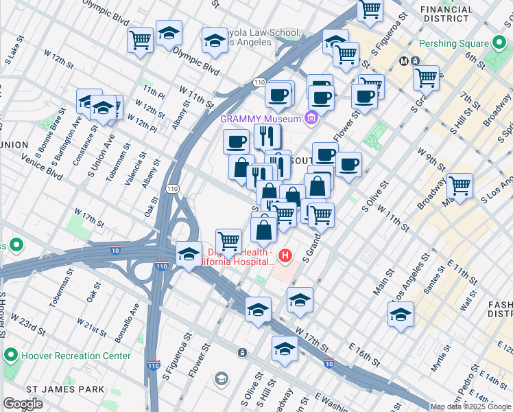 map of restaurants, bars, coffee shops, grocery stores, and more near Figueroa Street & West Pico Boulevard in Los Angeles