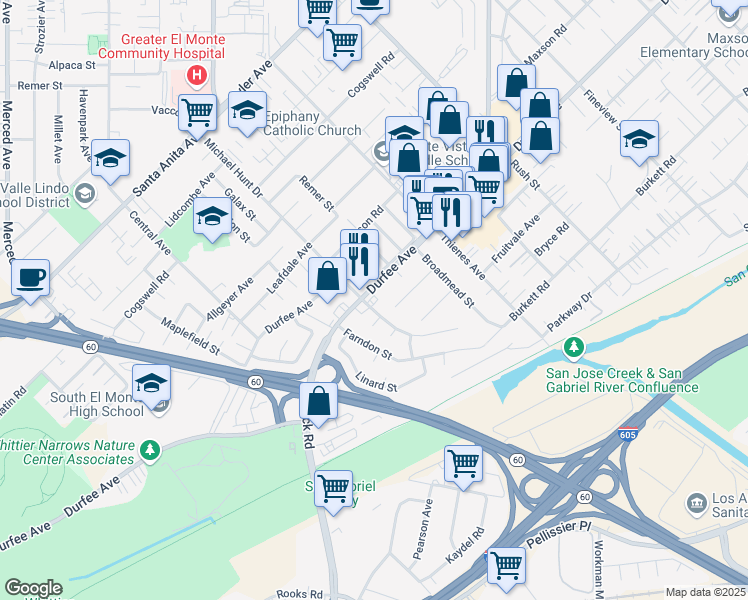 map of restaurants, bars, coffee shops, grocery stores, and more near 1630 Durfee Avenue in El Monte