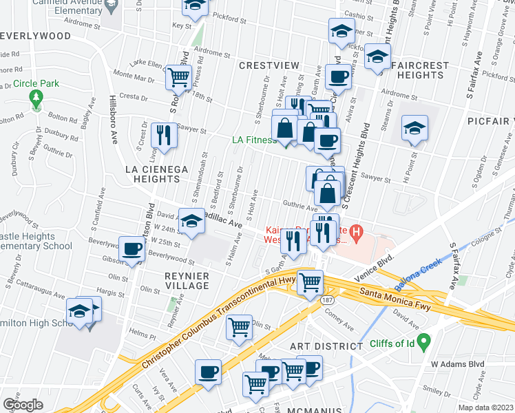 map of restaurants, bars, coffee shops, grocery stores, and more near 2001 South Holt Avenue in Los Angeles